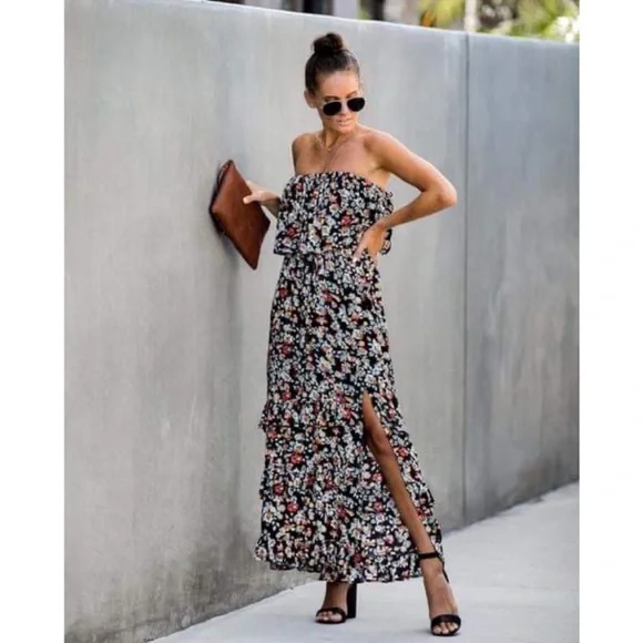 Skylar + Madison Dresses | Vici Skylar + Madison Floral Strapless Maxi Dress | Color: Black/Tan | Size: M | Alegrina's Closet